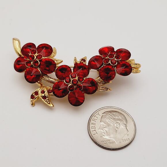 Vintage Red Rivoli Rhinestone Flower Cluster Brooch - Picture 7 of 9